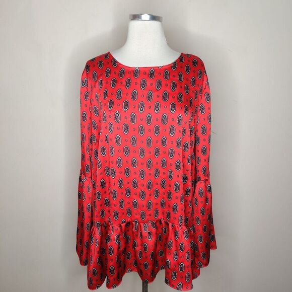 Simply Style Satin Paisley Floral Blouse Red Bell Sleeve Top - Picture 1 of 9